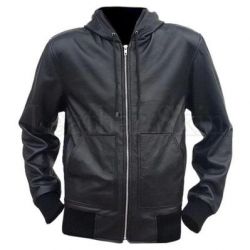 Men's Genuine Lambskin Leather black jacket with Hoodie